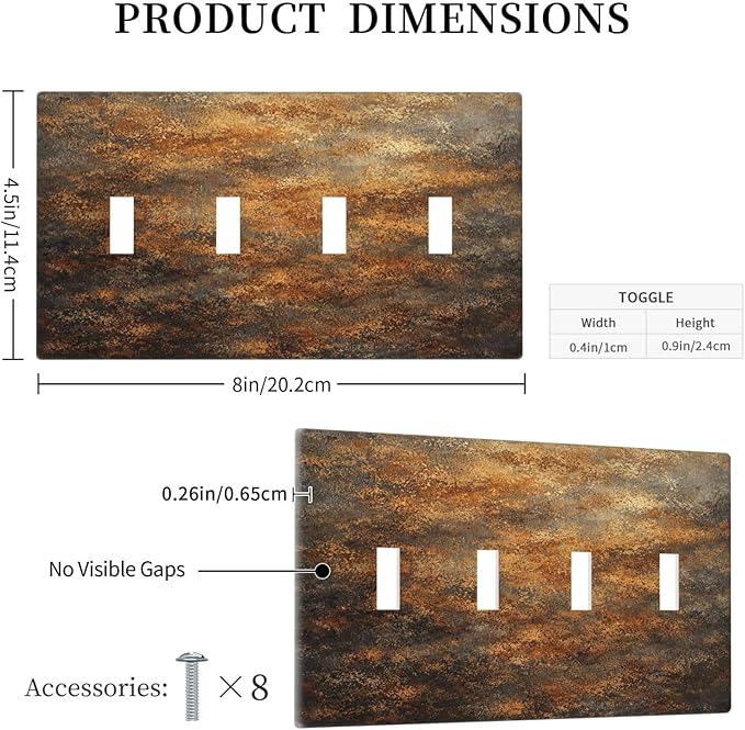 Decorative Light Switch Cover Plate Vintage Rust Pattern in Brown gold 4 Gang Wall Plates for Electrical Outlets Quad Toggle Switch Plate Covers Outlet Covers Faceplate for Home Decor