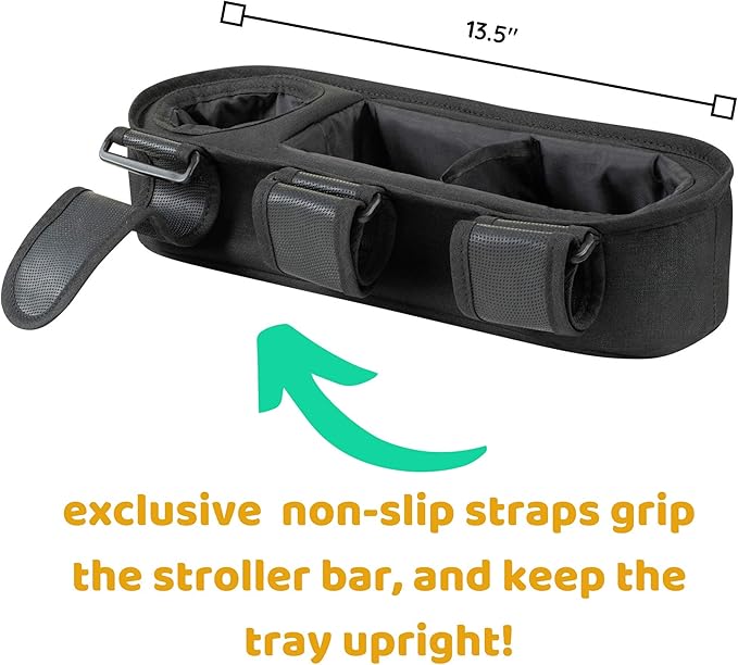 Universal Stroller Tray with Insulated Sippy Cup Holder - Upgraded Rigid Frame Stays Upright - Exclusive Non Slip Straps Firmly Grip Stroller Bar. Universal Stroller Snack Tray Attachment