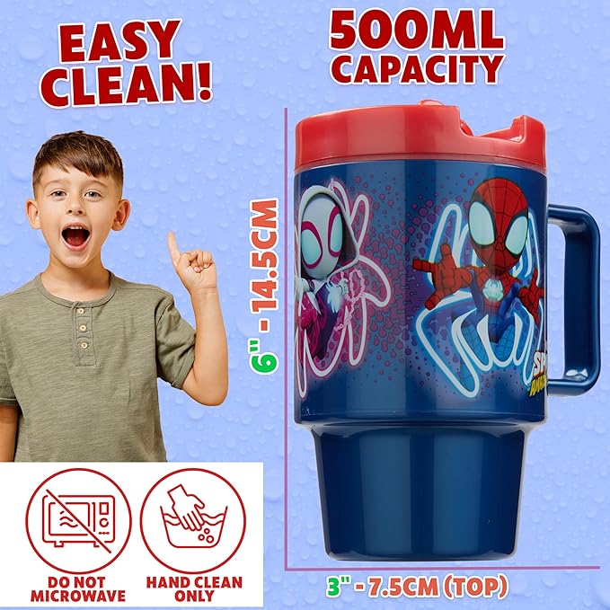 Get Trend Marvel Spiderman Kids Water Bottle with Straw 16.9 oz BPA Free Plastic Cup with Lid Handle Reusable Tumbler for School Gifts for Kids (Blue Spidey)
