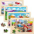 24 Piece Wooden Vehicle Jigsaw Puzzles for Kids 3-5, 4 Packs Transportation Puzzle with Storage Tray, Construction Excavator, Fire Truck & Airplane STEM Learning Toys, Birthday Gift for Kids Ages 3-8