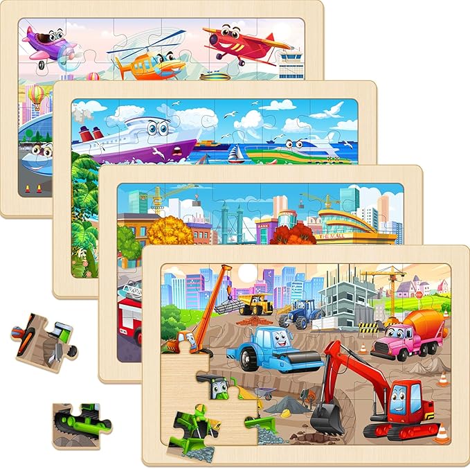 24 Piece Wooden Vehicle Jigsaw Puzzles for Kids 3-5, 4 Packs Transportation Puzzle with Storage Tray, Construction Excavator, Fire Truck & Airplane STEM Learning Toys, Birthday Gift for Kids Ages 3-8