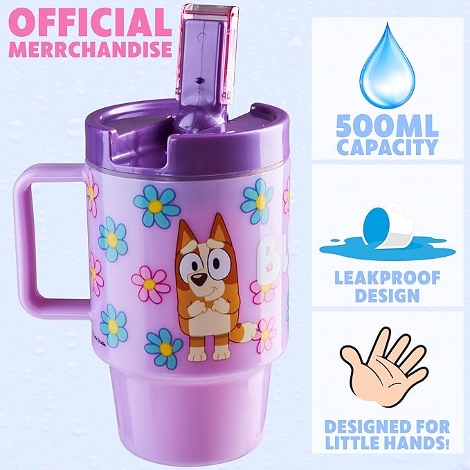 Get Trend Bluey Kids Water Bottle with Straw 16.9 oz BPA Free Plastic Cup with Lid Handle Reusable Drinking Tumbler for School Gifts for Kids (Purple Bluey)