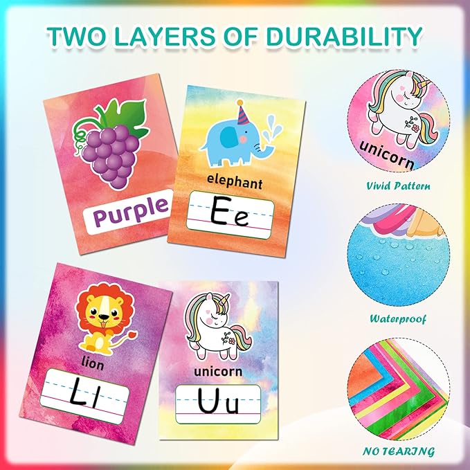 58 Pieces Educational Preschool Cards Kids Early Learning Poster Alphabet Number Colors and Shapes Bulletin Board Decoration Kindergarten Classroom Learning Card with Glue Point Dot (Watercolor Style)