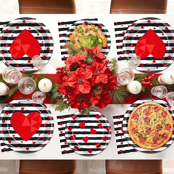 Wiooffen 96 Pcs Valentine's Day Party Plates Napkins Tableware Set Valentines Red Love Heart Stripe Supplies Disposable Dinnerware Valentine's Day Decoration Favors for Wedding 24 Guests