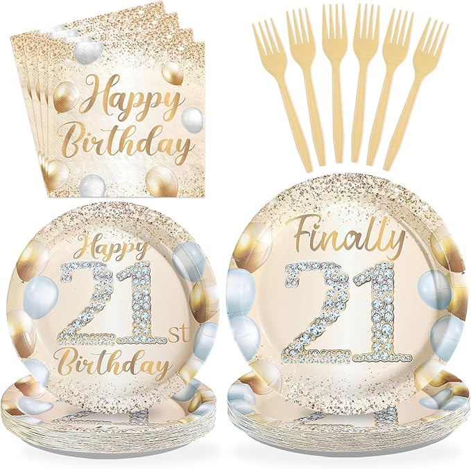 96Pcs Happy 21st Birthday Decorations Sweet 21 Plates and Napkins Tableware Sets White and Gold Glitter Twenty-one Birthday Decorations for Girls Boys 21 Years Old Birthdays Party Supplies Serves 24