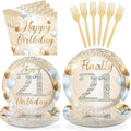 96Pcs Happy 21st Birthday Decorations Sweet 21 Plates and Napkins Tableware Sets White and Gold Glitter Twenty-one Birthday Decorations for Girls Boys 21 Years Old Birthdays Party Supplies Serves 24