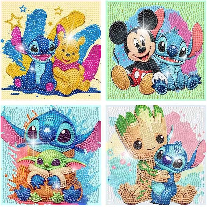 Fuinkqe 4 Packs Diamond Art Kits for Kids,Cartoon Diamond Art for Kids Ages 4-8,5D DIY Diamond Art Kits Ages 8-12,Mosaic Kits Gem Art for Home Wall Decor 6X6 Inch
