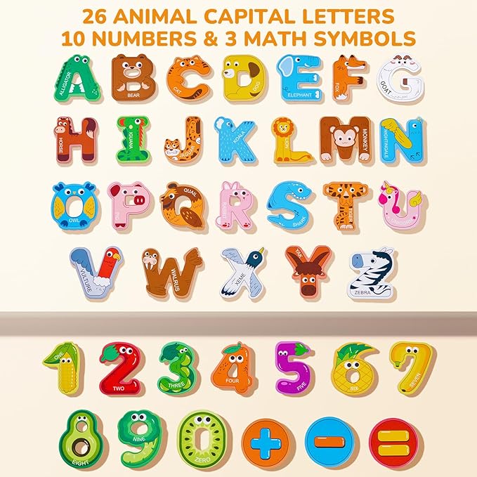 JoyCat Magnetic Letters and Numbers Fridge Magnets, 26 Uppercase Letters 0-9 Numbers, Animal Alphabet Refrigerator Toy Set for Kids & Toddlers Preschool Learning, Great Gift for 2 3 4 5 Years Old