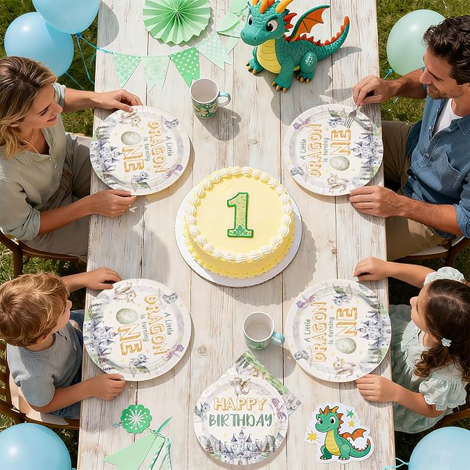 96Pcs Dragon Baby Shower Party Decorations A Little Dragon is Turning One Plates and Napkins Cartoon Dinosaur Theme Tableware Sets for Kids 1st Welcome Baby Birthday Party Supplies Serves 24
