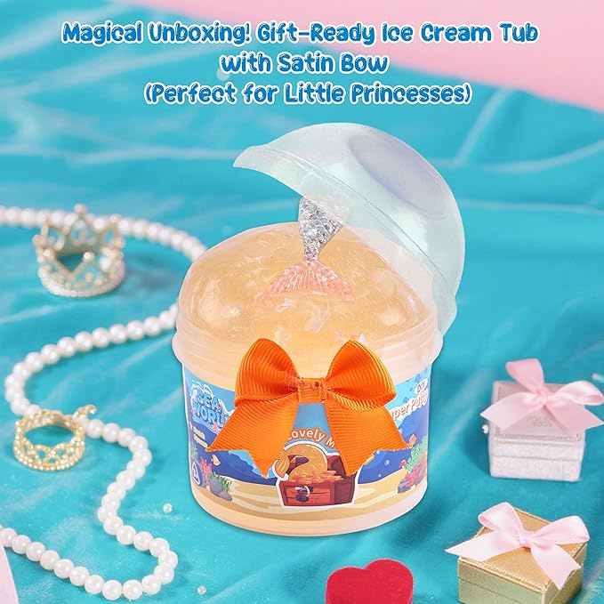 Shark Ocean Slime Kit with Ice Cream Tub - 8 Oz Blue Crystal Slime, Slime Party Favors for Kids, Resin Shark Charm & Glitter - Non-Sticky Sensory Toys for Boy & Girls 6-12,STEAM Classroom Gifts