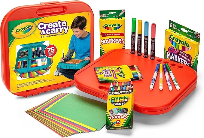 Crayola Create 'N Carry Travel Art Set for Kids (75pcs), 2-in-1 Lap Desk & Carrying Case, Essential Art Supplies Kit, Spring Crafting, Gift for Kids