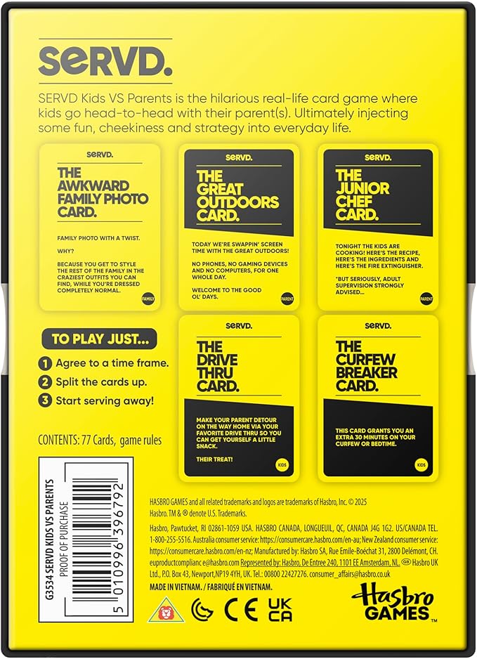 Hasbro SERVD Kids vs Parents Edition Game – Hilarious Real-Life Family Card Game for Kids, Teens, Adults – Fun Challenges – 2-6 Players – Ages 8+