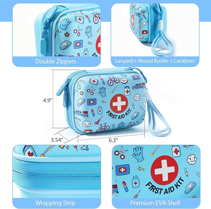 Mini First Aid Kit for Kids - 160 Pcs Water-Resistant Hard Shell Compact Emergency Kit for Travel, Home, School, Car, Camping & Hiking - Portable with Elastic Fabric Band-Aids