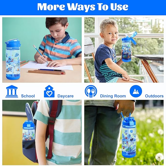 decalsweet Kids Water Bottle 20oz Durable Leak-Proof Plastic Water Cup for Kids Toddlers,With Straw Handle and Pop-Up Spout Cover,Safe for School Sports Daycare Travel & Camp Pack of 2