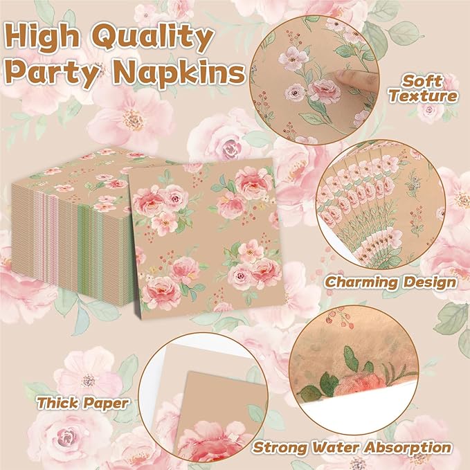 96Pcs Vintage Flower Party Supplies Spring Kraft Floral Themed Paper Plates Napkins Pink Rose Flower Party Tableware Disposable Decoration Set for Kids Birthday Baby Shower Table Decor