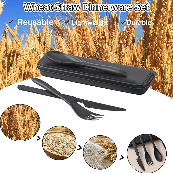 2 Pack Travel Utensils Set with Case, Wheat Straw Reusable Cutlery Set, Portable Spoon Knife Fork Tableware for Lunch Box, Picnic, Camping, Office, BPA Free for Adults Kids