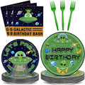 OBUSATT 96 Pcs Alien Theme Paper Plates and Napkins Outer Theme Space Birthday Party Supplies Galactic Birthday Tableware Set for Boys Girls Galaxy Party Decorations Favors for Serves 24