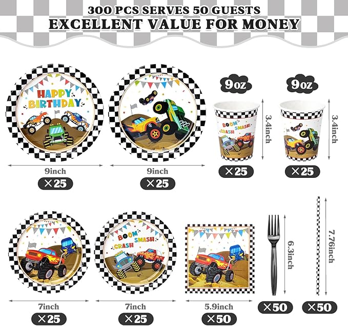 300 Pcs Truck Plates and Napkins Tableware Set, Plates Napkins Cups Straws and Forks Sets, Truck Birthday Decorations, Party Supplies, Serves 50 Guests