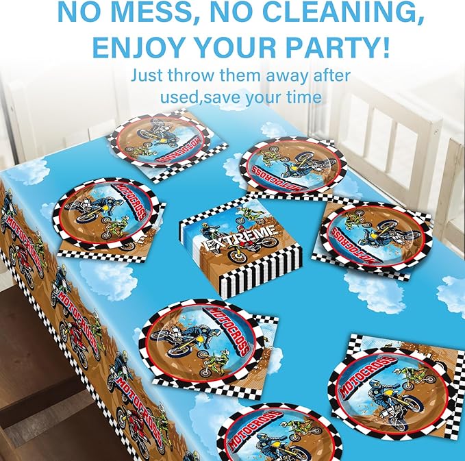 Dirt Bike Birthday Party Supplies Serves 24 Motorcycle Party Paper Plates Napkins Set Motocross Dirt Bike Tablecloth Tableware Kit for Baby Shower Decorations Kids Boys Girls