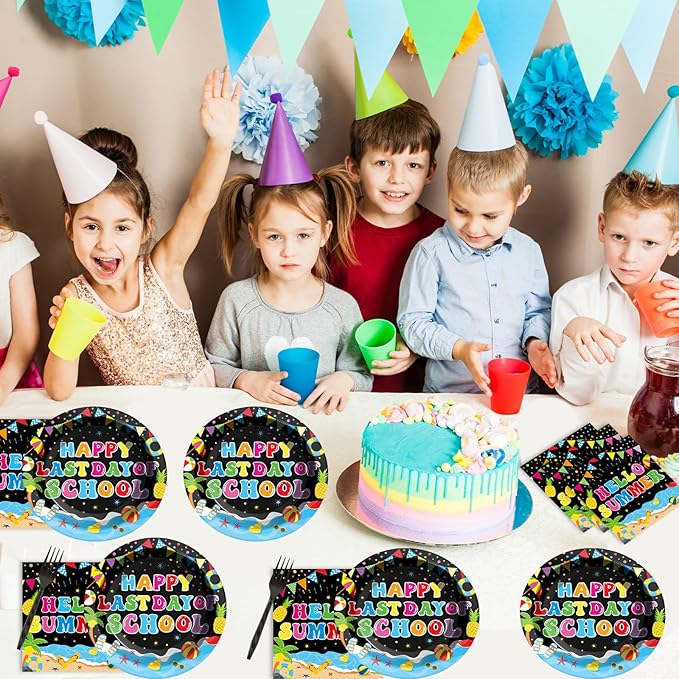 96 Pcs Happy Last Day of School Paper Party Plates and Napkins for Summer Vacation Supplies Summer End of School Year Theme Dessert Tableware Set for 24 Guests Birthday Party Decorations
