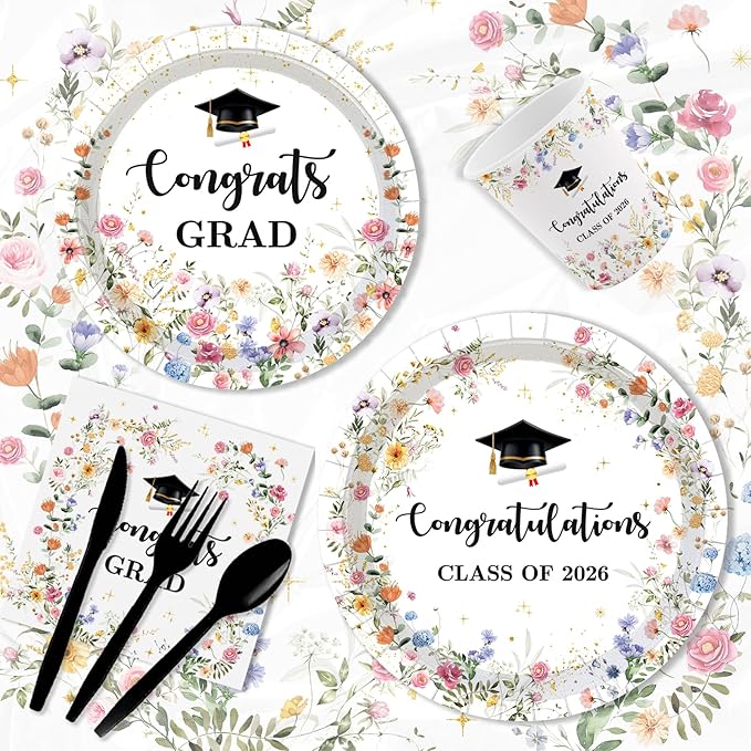MEHOFOND 169pcs Wildflower Graduation Disposable Plates Napkins Cups Tablecloth Set Floral Congrats Grad Disposable Tableware Set for 24 for Class of 2026 Graduation Decorations