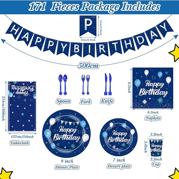 Pajean Blue Happy Birthday Party Tableware Set Birthday Decoration Banner and Tablecloths Decoration Plates Cups Napkins Dinnerware for 24 Guests Party Supplies(Blue and Silver)