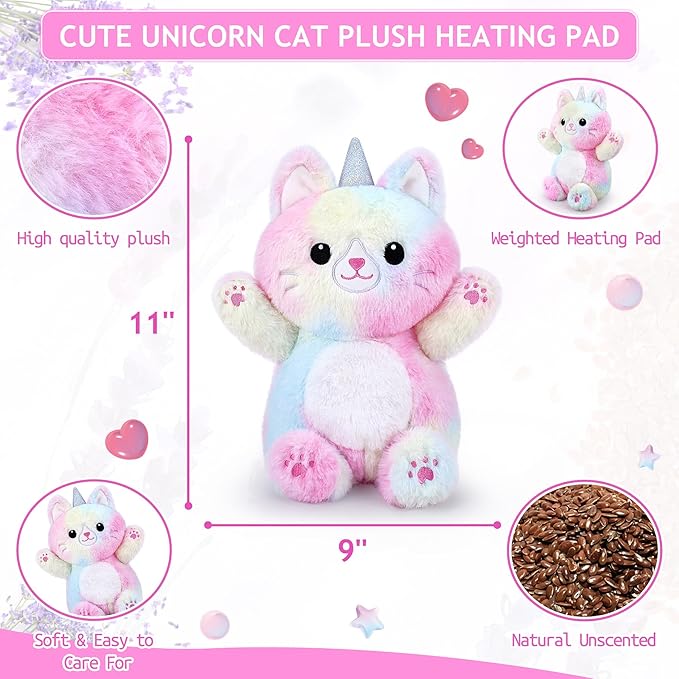 Unicorn Cat Microwavable Heating Pad-1.2lb Heating Pads for Women & Kids,Soft Pillow Plush Toy,Heatable Stuffed Animals,Bedtime Gift for Women Kids Stuffed