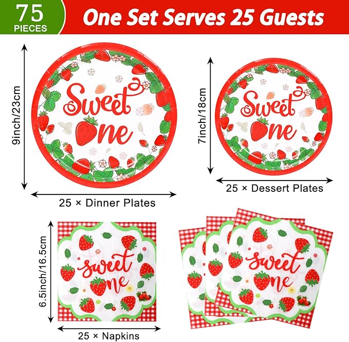 Strawberry Birthday Decorations, 75 Pcs Disposable Fruit Paper Plates and Napkins Tableware Set Party Supplies for Girl Sweet One Baby Shower Berry First Strawberry Themed Birthday Decor, Serves 25