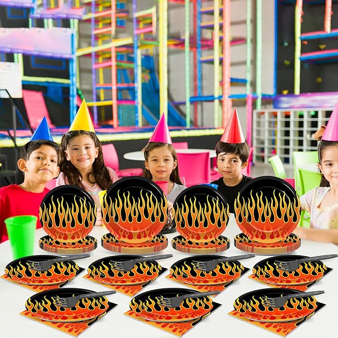 96Pcs Flame Racing Party Plates and Napkins for Fire Flame Birthday Party Supplies Motorcycle Themed Paper Dessert Plates Fire Heroes Tableware Set for Kids Boys 24 Guests Birthday Party Decorations