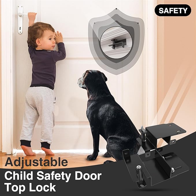 Adjustable Child Safety Door Top Lock｜Metal Child Proof Door Top Lock for Interior&Exterior&French Door｜Lock & Unlock from Either Sides｜for Childproofing｜Sliding Door Lock for Kids Safety｜Black