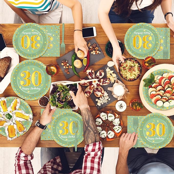 96Pcs Green Gold 30th Birthday Party Plates and Napkins for Women Men Sage Green 30 Year Old Birthday Party Supplies Themed Paper Dessert Plates Tableware Set for 24 Guests Party Decorations