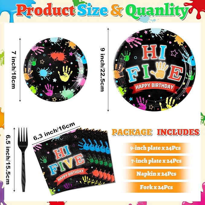 Hi Five Drawing Party Supplies - 96Pcs Art Painting Themed Plates Napkins Forks Tableware Set, Disposable Paper Plates Party Decoration for Kids 5 Years Old Birthday Baby Shower Table Decor, Serve 24