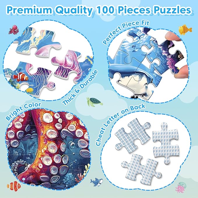 4 Pack 100 Piece Puzzles for Kids Ages 4-8, Large Piece Kids Puzzles Ages 4-6 6-8 8-10, Ocean Theme Jigsaw Puzzle Toys, Educational Family Puzzles Gifts for Boys and Girls