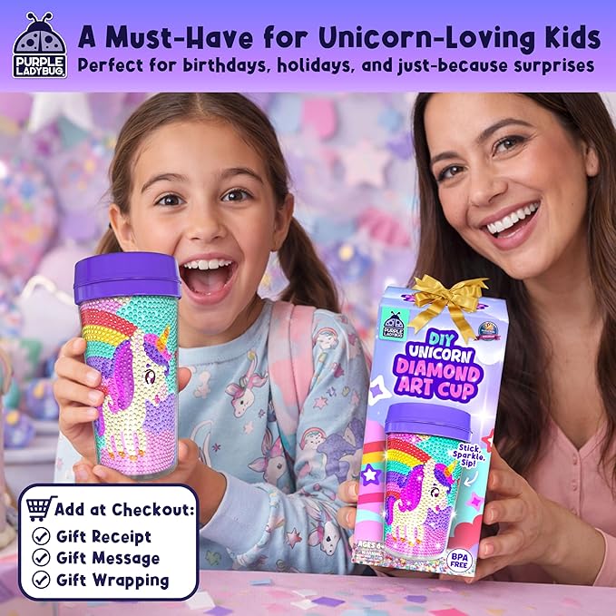Unicorn Diamond Art Kits Girls Cup - Diamond Arts Kits for Kids - DIY 5D Gem Art Tumbler - 16 oz Unicorn Water Bottle - Arts and Crafts for Kids Ages 6-8, Birthday Gifts for 7 8 10 11 12 Year Old