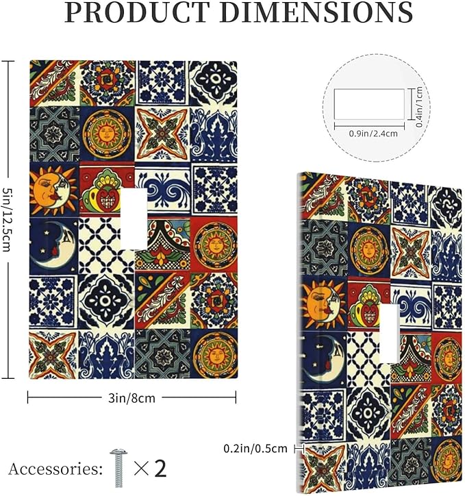 Kitchen Blue/Red Boho Sun Mexican Talavera Tile Decorative Light Switch Cover 1-Gang Bohemian Moroccan Mosaic Tiles Single Toggle Wall Plate Electrical Device Outlet Switch Faceplate Cover Jumbo Size