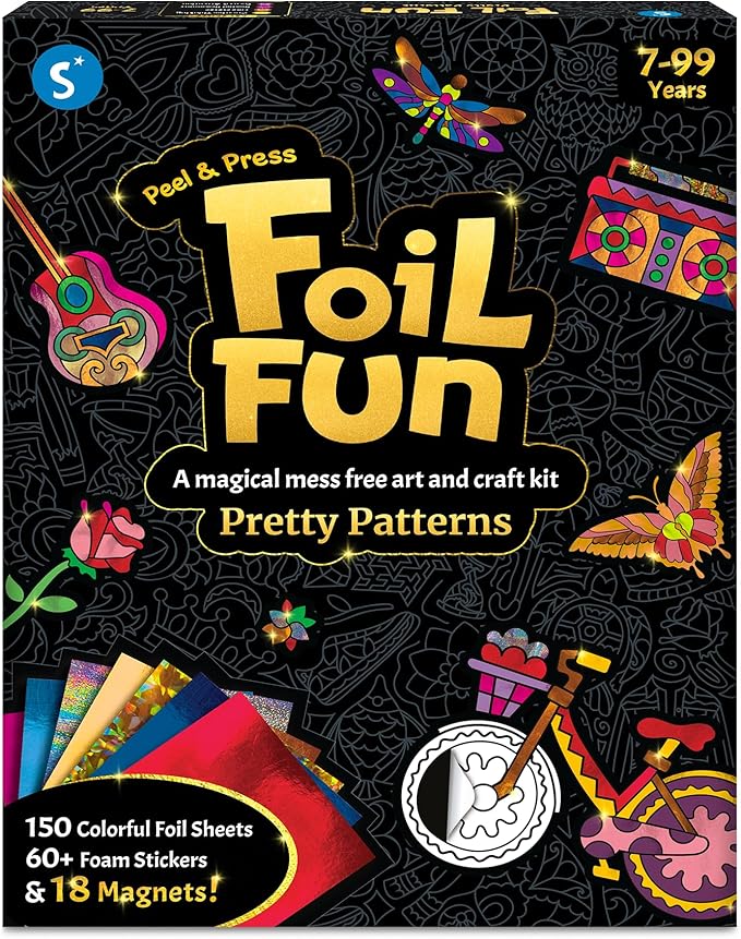 Skillmatics Foil Fun - Pretty Patterns, 18 DIY Magnets Mess-Free Art, Colorful Creative Party Activity, Craft Kits, 60+ Foam Stickers, Gift for Kids, Teens, Adults, Families, Screen-Free Entertainment