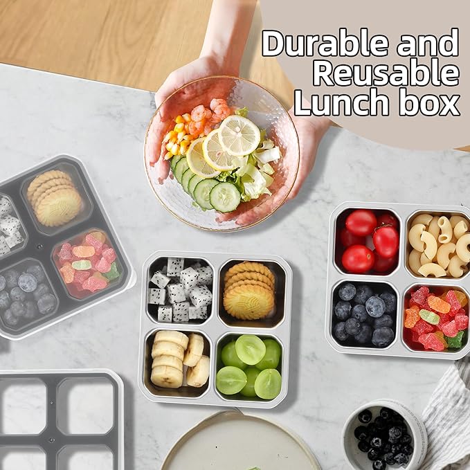 BEFOY 4 Pack Stainless Steel Snack Containers with Lids 4 Compartment Food Storage Containers for Adults & Kids Meal Prep Containers Reusablele (Gray, 4)