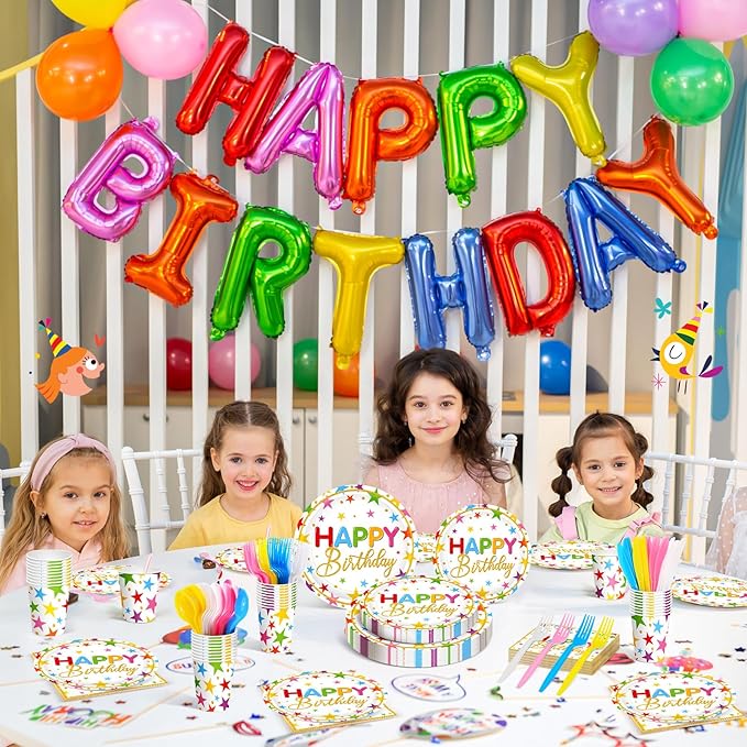 Meanplan Serves 24 Guests Happy Birthday Plates and Napkins Rainbow Star Birthday Tableware Set Rainbow Happy Party Decorations for Kids Included Cups Knives Forks Spoons Total 168 Pcs