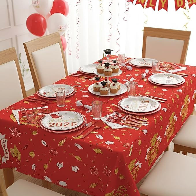 Graduation Plates and Napkins Party Supplies 2026 Graduation Decorations for 24,Red Disposable Grad Plates Class of 2026 Dessert Plates Napkins,Tablecloth,Forks,for Congrats Grad Party Decorations