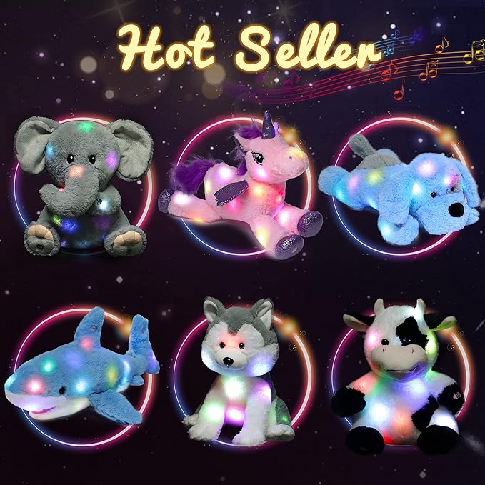 Hopearl LED Musical Stuffed Bunny Colorful Lighting Up Singing Plush Rabbit Adjustable Volume Lullaby Animated Soothe Birthday Festival for Kids Toddlers, 10''