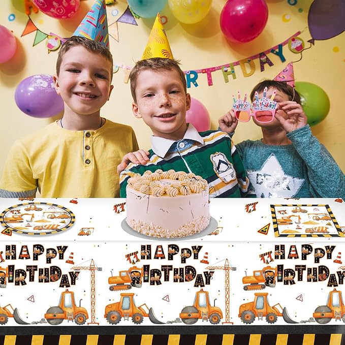 Construction Birthday Party Supplies Construction Excavator Tractor Dump Digger Theme Tableware Include Paper Plates Napkins Tablecloth, for Toddler, Kids, Boys Birthday Party Decorations, Serves 20