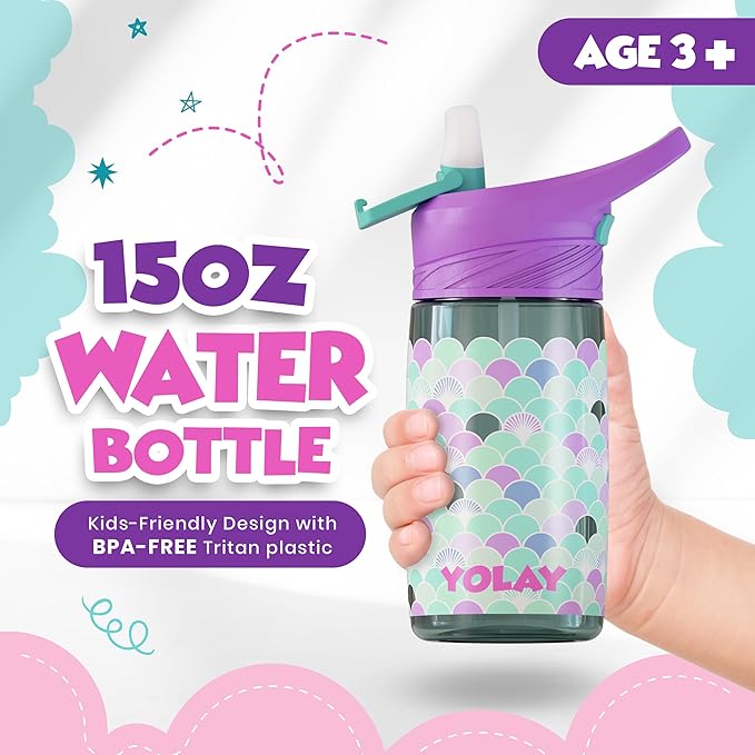 YOLAY 15oz Kids Water Bottle For School Boys and Girls, Durable Toddler Water Bottle with Straw Lid Leak-Proof, Spill Proof, Easy Clean and Dishwasher Safe with Re-Usable and BPA Free - Scallop