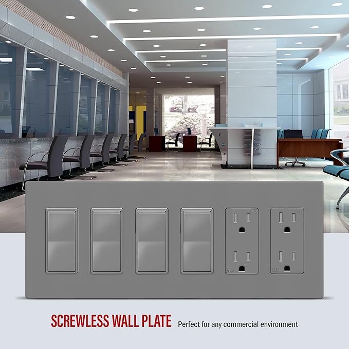 ENERLITES Screwless Decorator Wall Plate Child Safe Outlet Covers, Size 6-Gang 4.68" H x 12.00” L, Unbreakable Polycarbonate Thermoplastic, SI8836-GY, Glossy, Gray