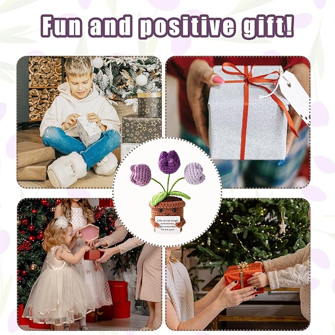 TOYMIS Positive Tulip, Soft Knitted Crochet Tulip with Encouragement Card Inspirational Positive Plant Crochet Flower Wool Doll Emotional Pot Plush Support Gifts for Men Women