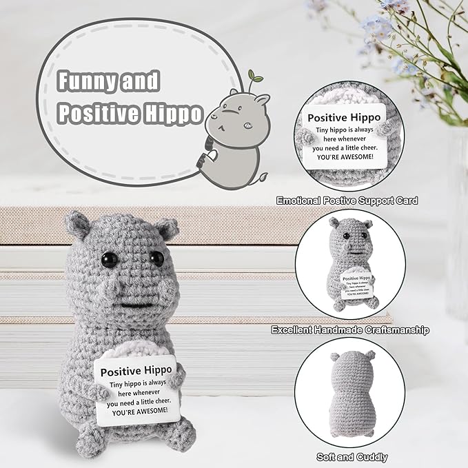 TOYMIS Positive Hippo, Emotional Knitted Positive Support Crochet Animal Doll with Positive Message Crocheted Hippo Potato Gift for Inspirational Gift Home Office Car Decor(Grey)