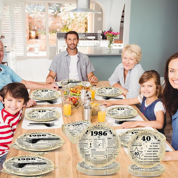 CHUNNIN 96Pcs 40th Birthday Plates and Napkins Back in 1986 Party Decorations Vintage 40 Year Old Party Dessert Plates 1986 Birthday Tableware for 24 Guests 40th Theme Men Woman Bday Parties Supplies