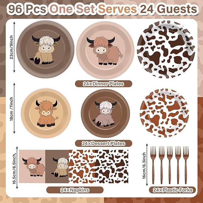 96Pcs Highland Cow Birthday Party Supplies Brown Highland Cows Paper Plates Napkins Holy Cow Park Party Tableware Disposable Checkered Dinnerware Decoration Set for Kids Birthday Baby Shower Table Dec