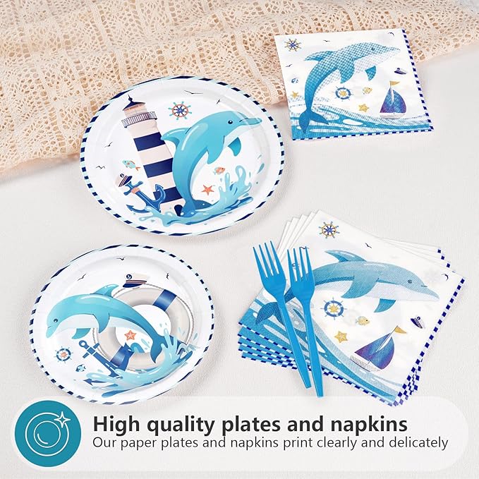 96Pcs Dolphin Party Supplies Funny Ocean Dolphin Nautical Plates and Napkins Disposable Cute Under the Sea Animal Tableware Set for Kids Nautical Baby Shower Birthday Party Decorations Serves 24