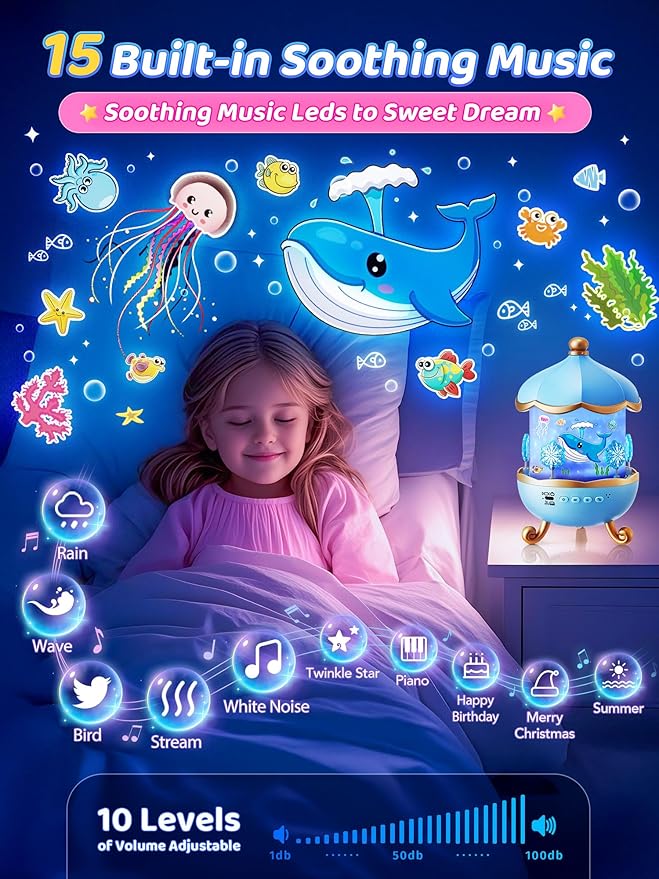 PIKOY Night Light Snow for Kids, 15 White Noise+16 Films+336 Colors Star Projector for Kids, 360°+Remote+Cordless Baby Night Light Projector, Princess Toys for Girls Room Decor Light
