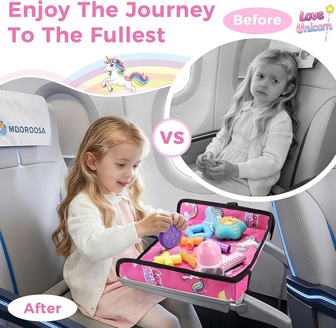 COOLBEBE Airplane Tray Table Cover Foldable Travel Tray Cover for Toddlers 1-3 Universal Fit for Airplane, Car Seat, High Chair Machine Washable, Portable Pink Unicorn